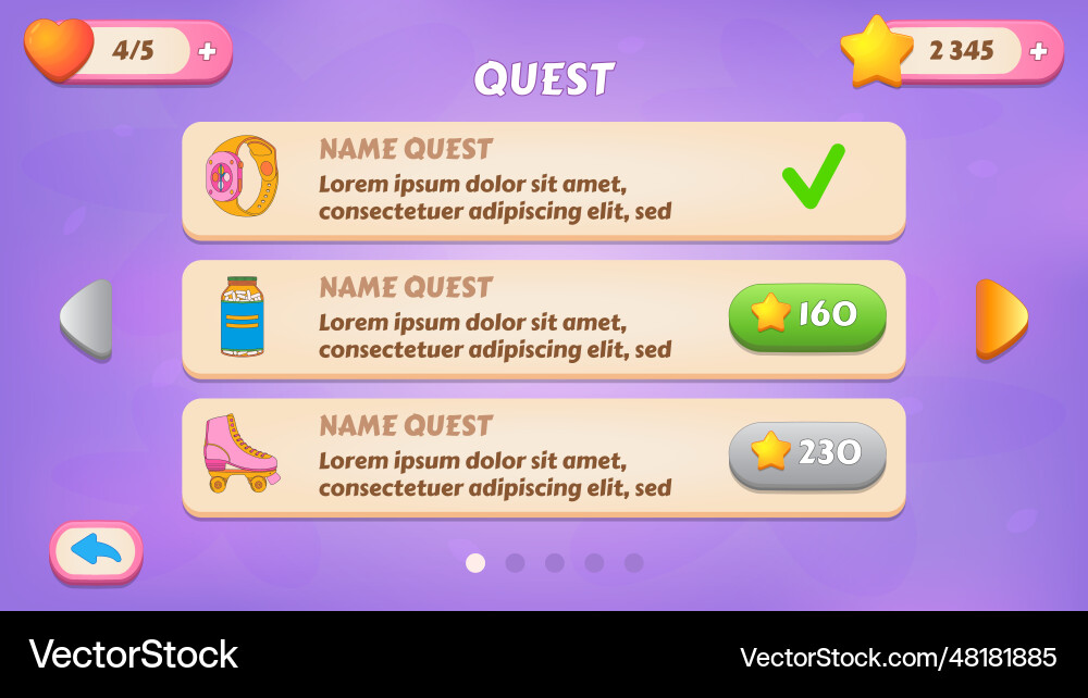 Quest gui kit casual assets for a game mobile vector image