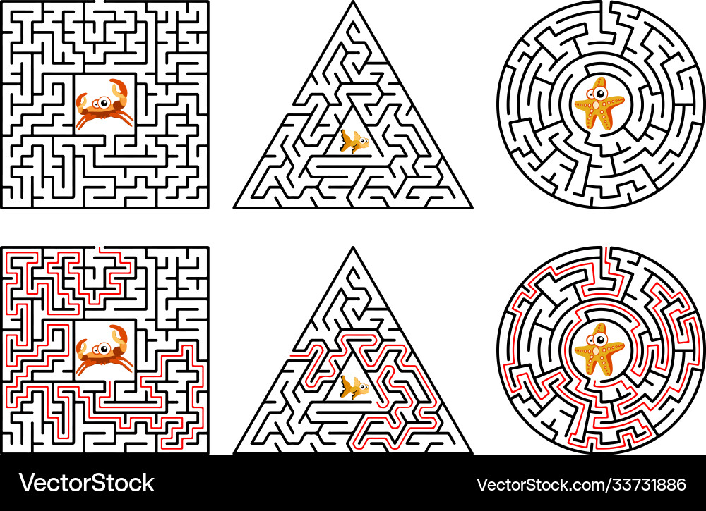 Logical game with solution children maze square Logical game with solution children maze square vector image
