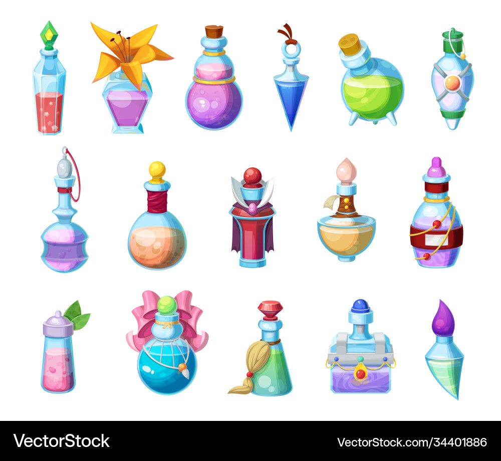 Potion bottles magic elixir in glass flasks icons Potion bottles magic elixir in glass flasks icons vector image