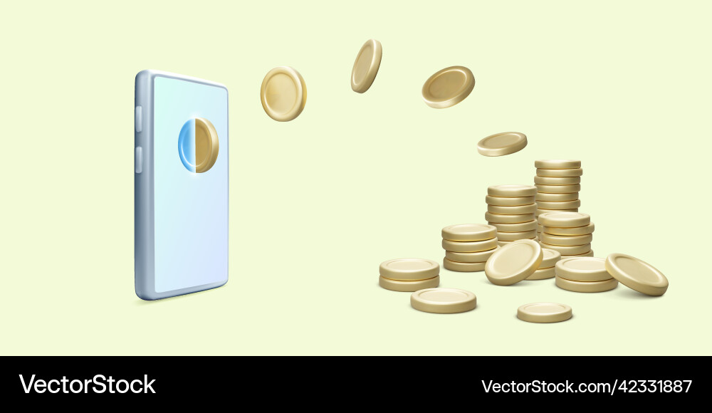 3d mobile phone with gold coin money digital vector image