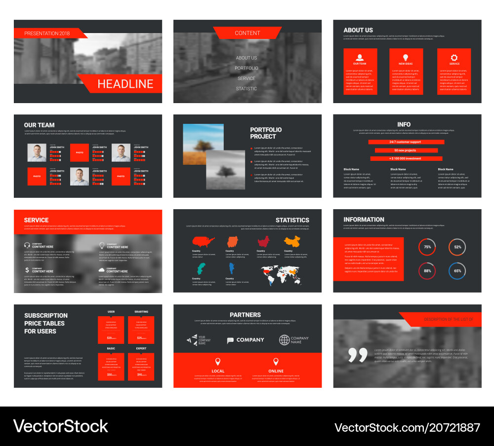 Black slides template with red elements Black slides template with red elements vector image