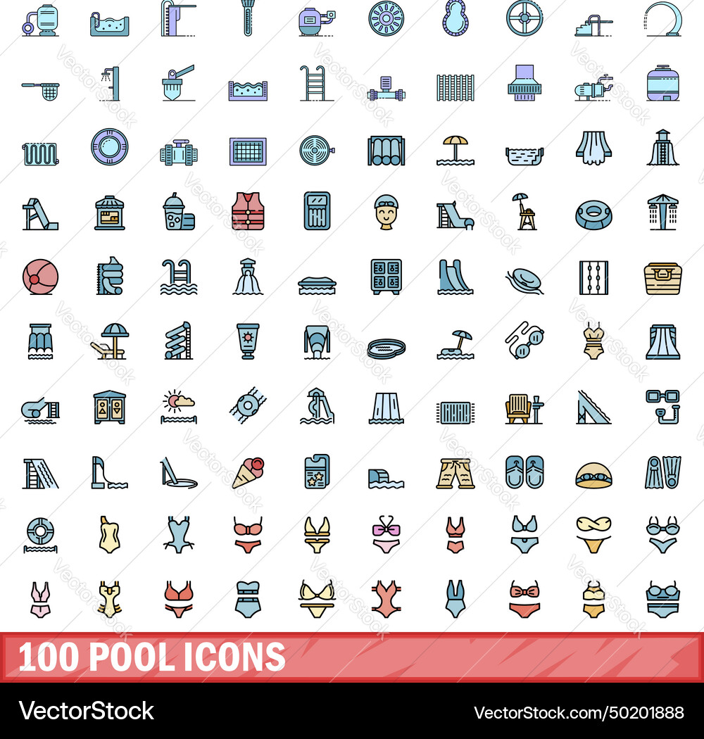 100 pool icons set color line style 100 pool icons set color line style vector image