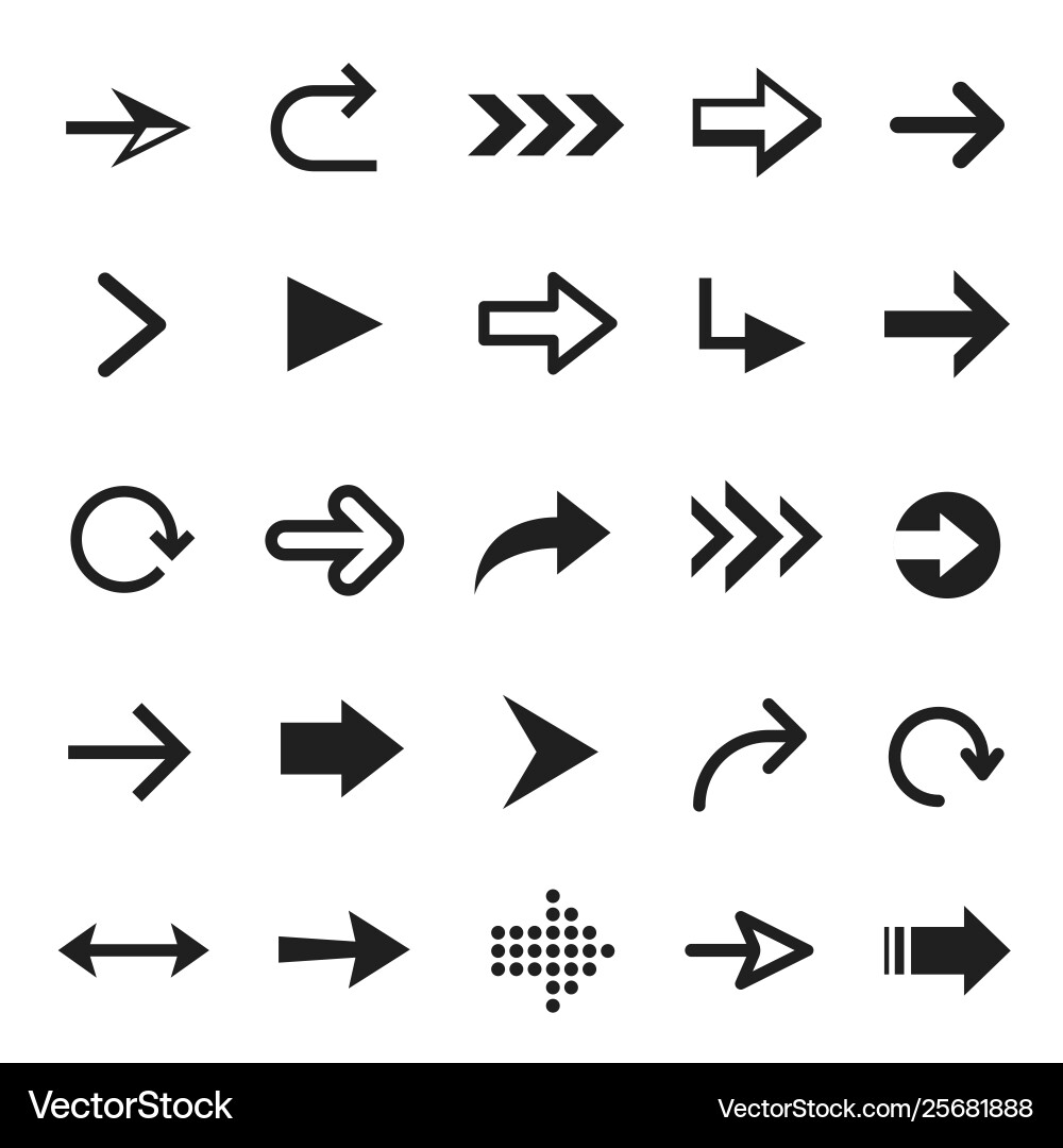 Arrow icon set interface black curve and pointer Arrow icon set interface black curve and pointer vector image