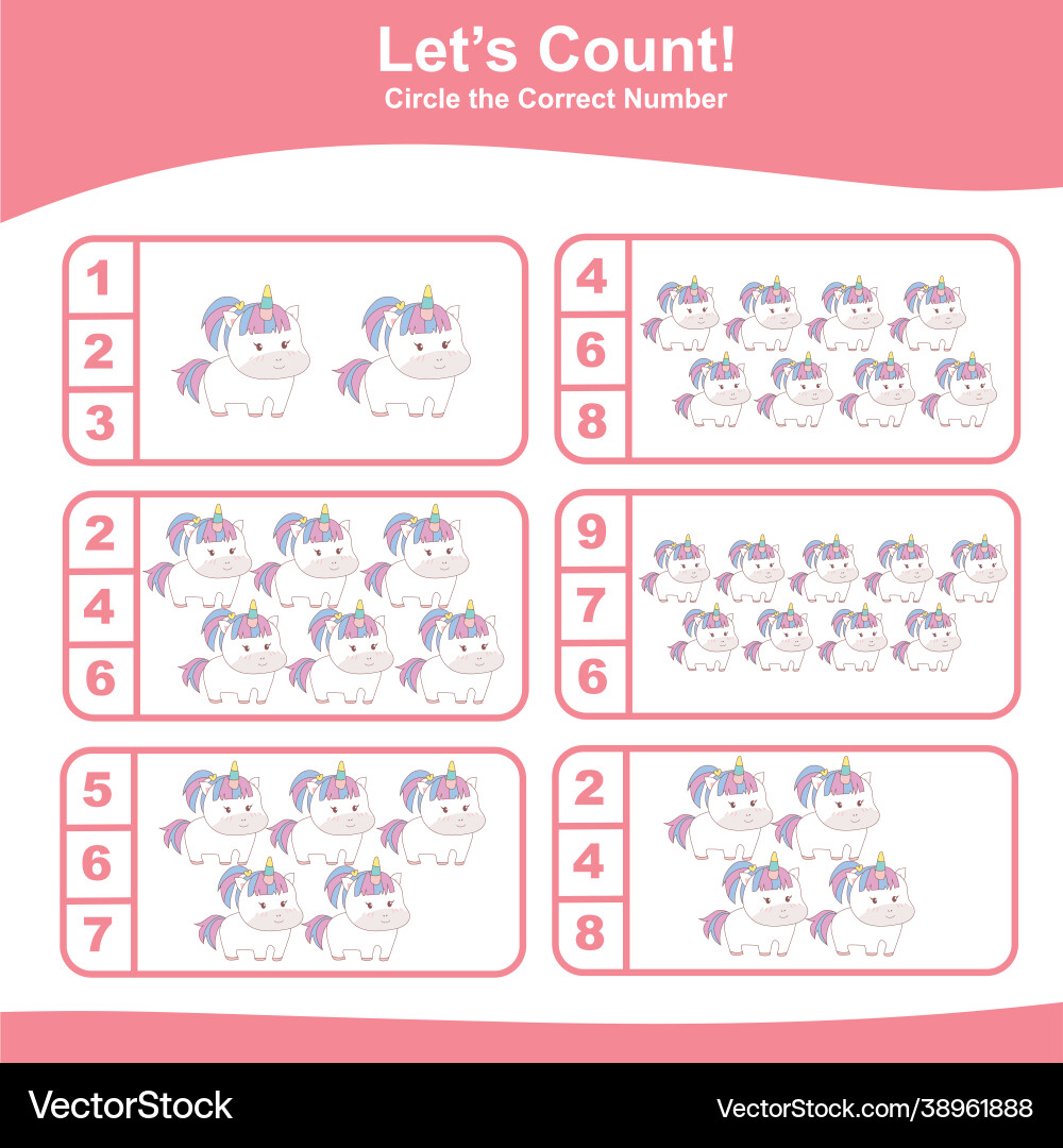 Count and match unicorn game for kids vector image