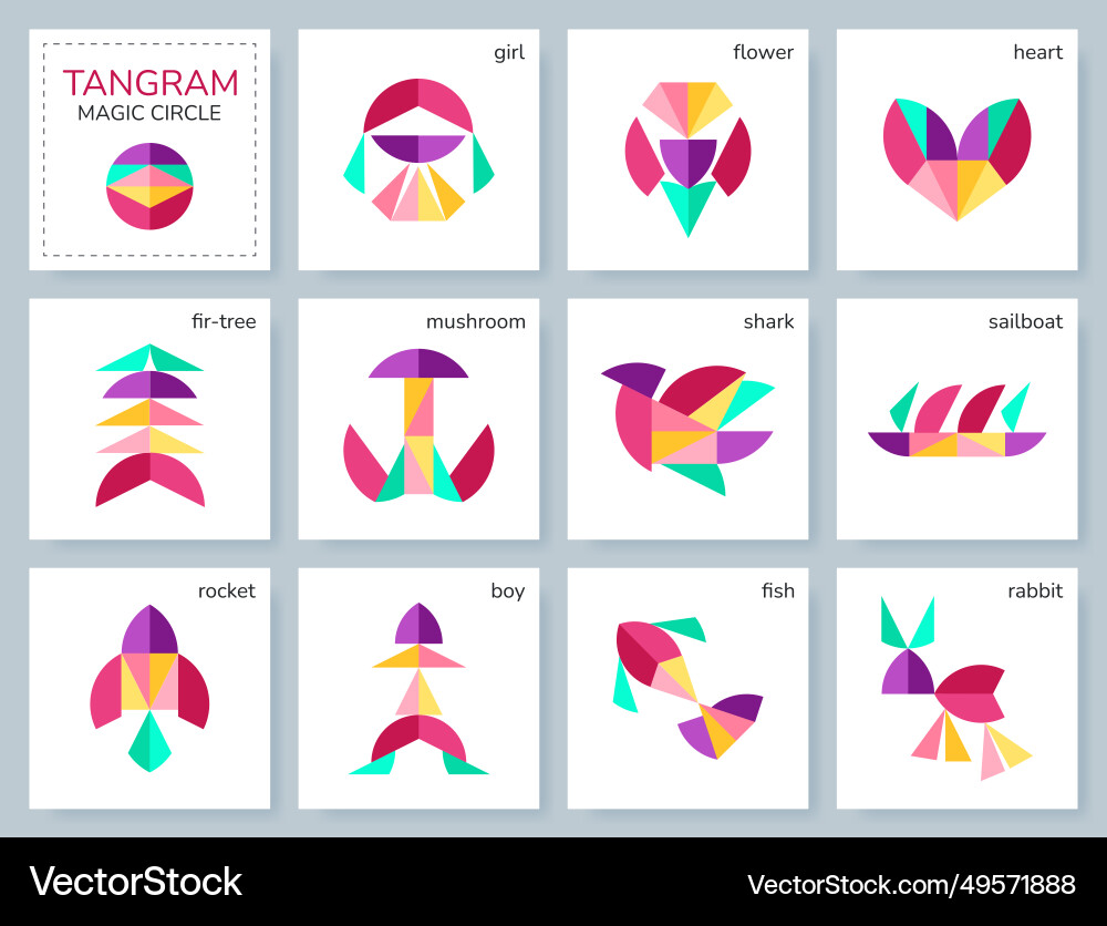 Tangram puzzle set with various objects Tangram puzzle set with various objects vector image