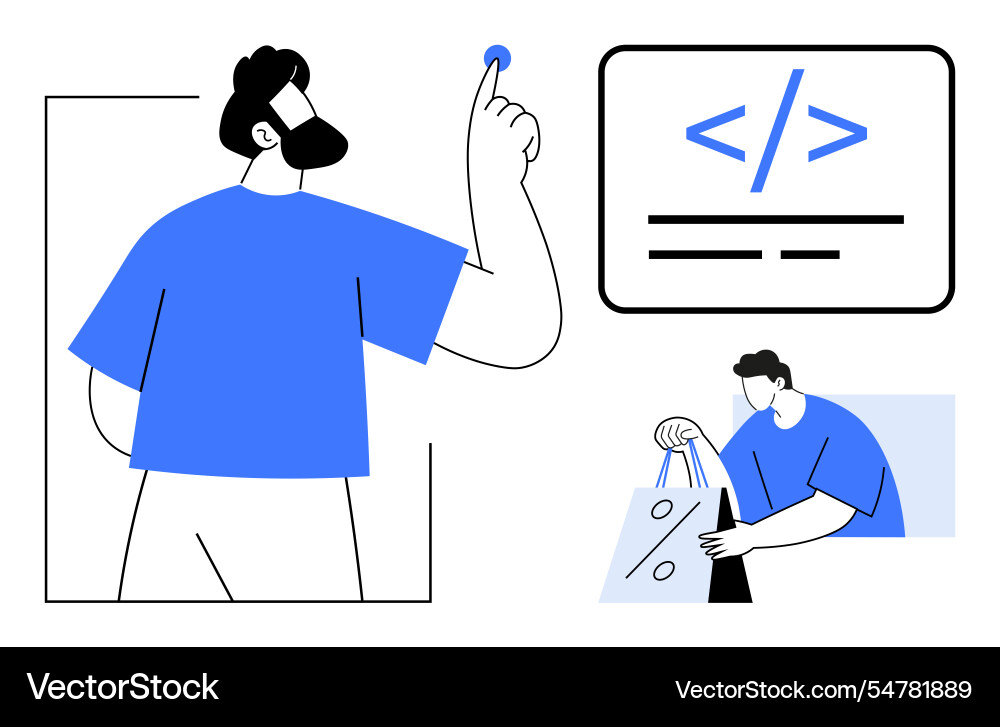 Developer interacting with coding interface Developer interacting with coding interface vector image