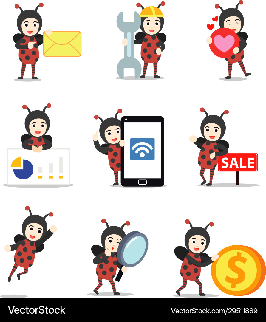 Set character man catch a ladybug around tree Set character man catch a ladybug around tree Vector Image