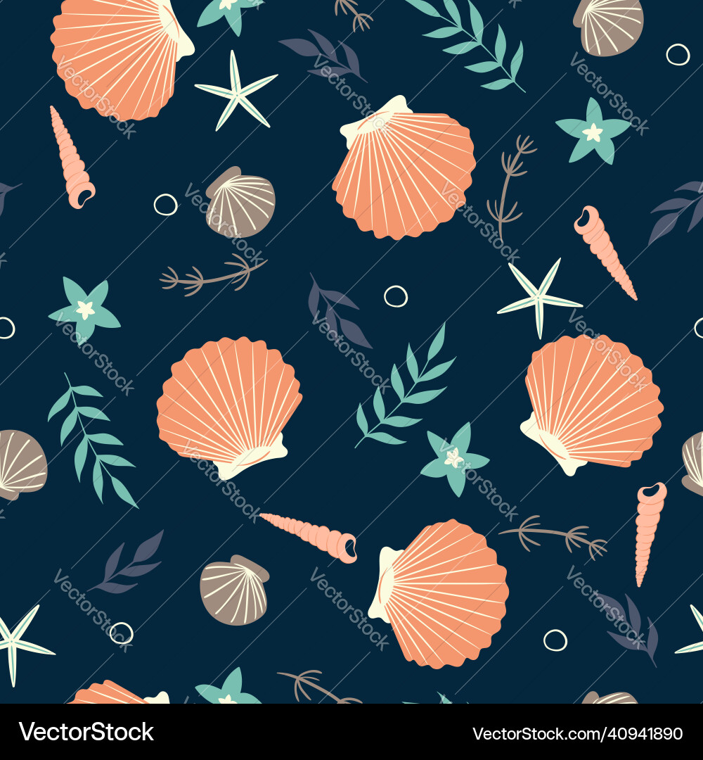Seamless pattern with seashells algae Seamless pattern with seashells algae vector image