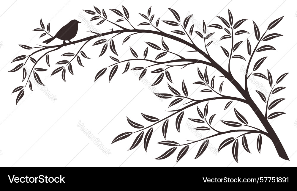 Graceful willow branch corner with a perched bird Vector Image