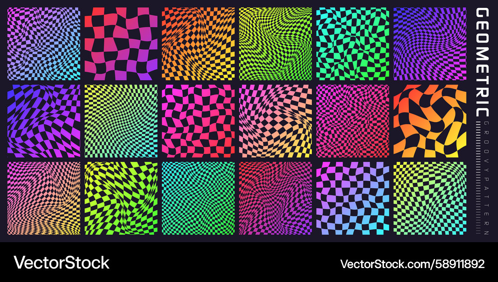 Groovy checkered pattern colorful distorted tiled Groovy checkered pattern colorful distorted tiled Vector Image