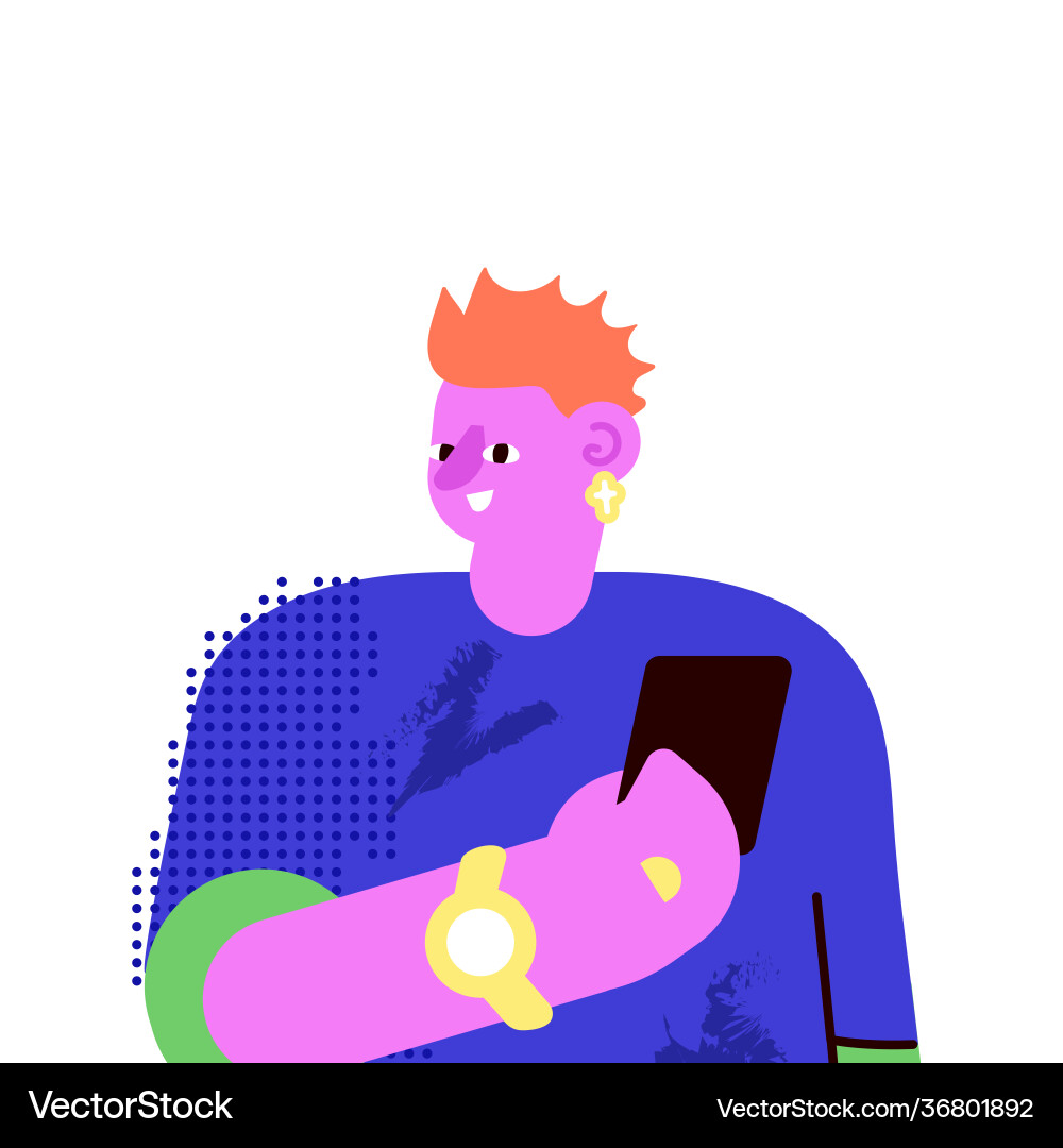 Happy smiling millennial man holding smartphone Happy smiling millennial man holding smartphone vector image