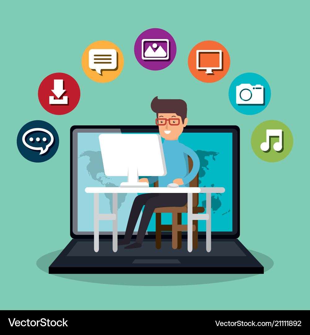Man working with social media icons Man working with social media icons vector image