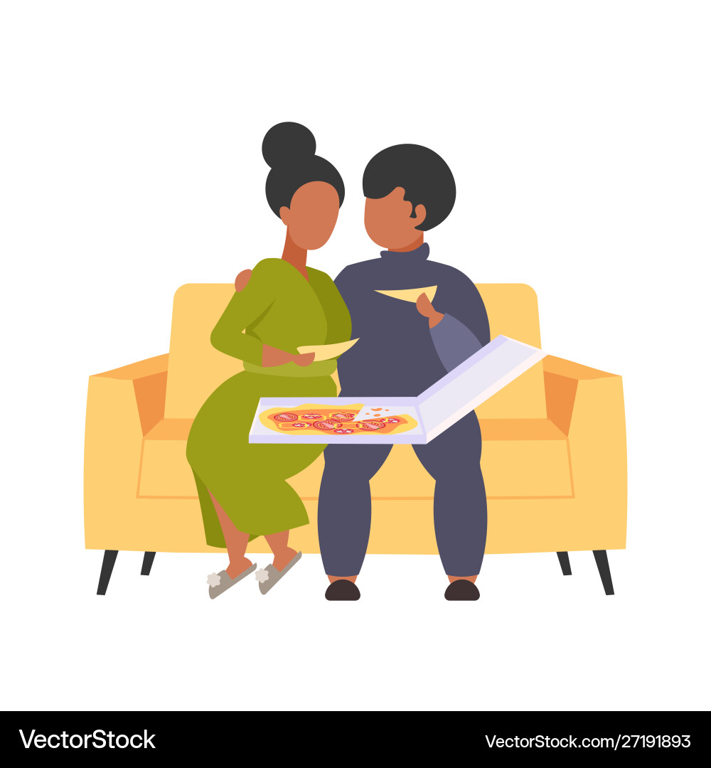Fat obese man woman sitting on couch eating pizza Fat obese man woman sitting on couch eating pizza vector image