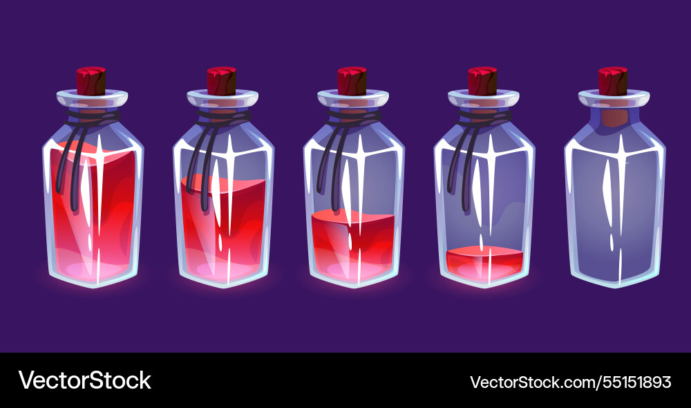 Glass bottles with varying amounts magic elixir Glass bottles with varying amounts magic elixir vector image