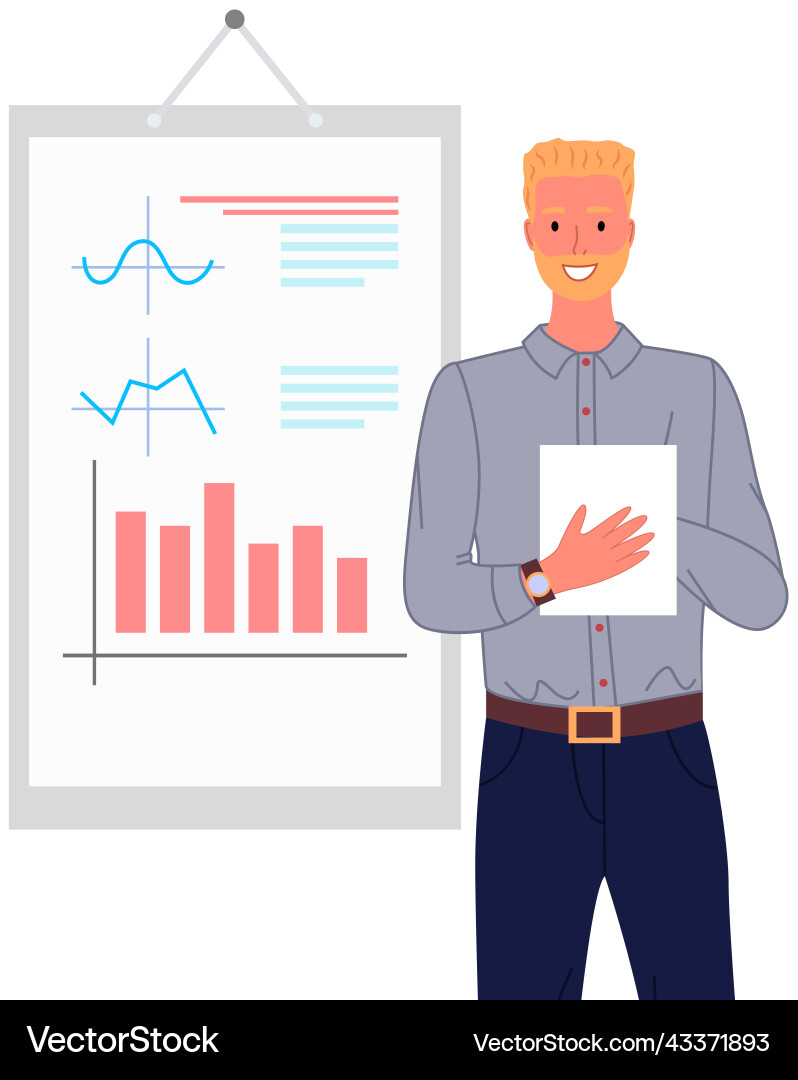 Man analysiert den digitalen Bericht mit Datenstatistisch Man analysiert den digitalen Bericht mit Datenstatistisch Vektorbild