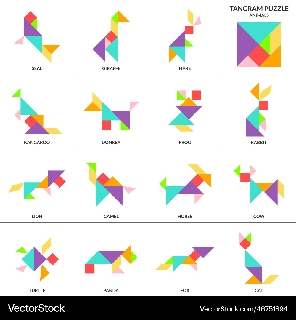 Tangram puzzle set with various animals Tangram puzzle set with various animals Vector Image