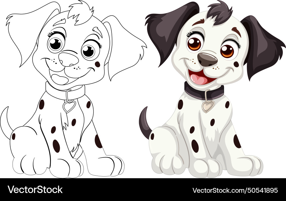 Two cartoon dalmatian puppies smiling happily Two cartoon dalmatian puppies smiling happily vector image