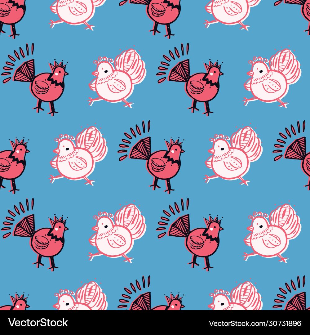 Chicken folklore print seamless repeat pattern Chicken folklore print seamless repeat pattern vector image