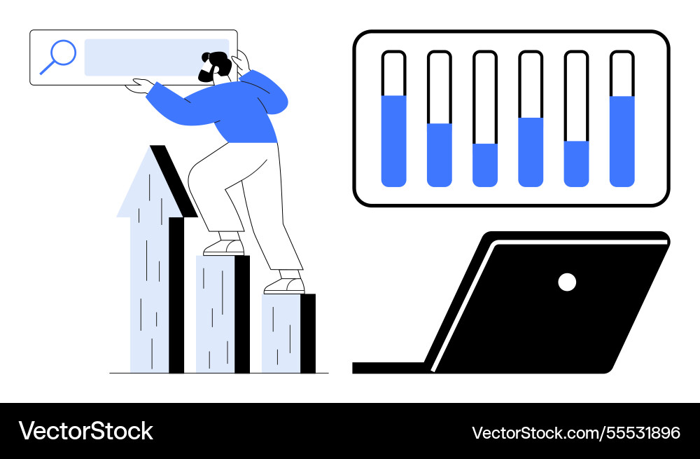 Man climbing bar graph searching for data laptop Vector Image