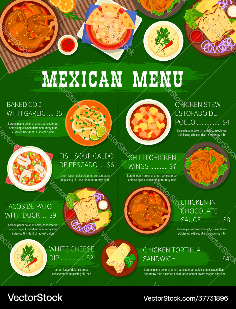 Mexican food restaurant menu page template Mexican food restaurant menu page template vector image