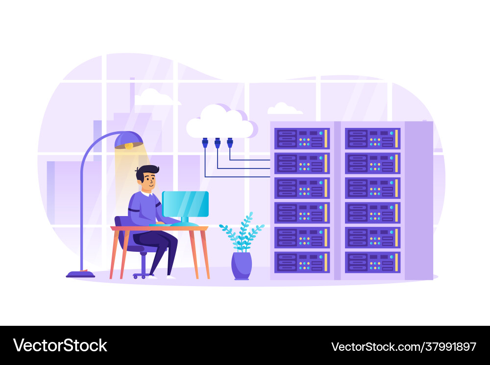 Engineer working at data center scene Engineer working at data center scene vector image