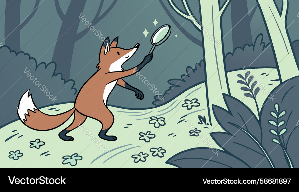 Fox detecting clues in a forest with magnifying Vector Image
