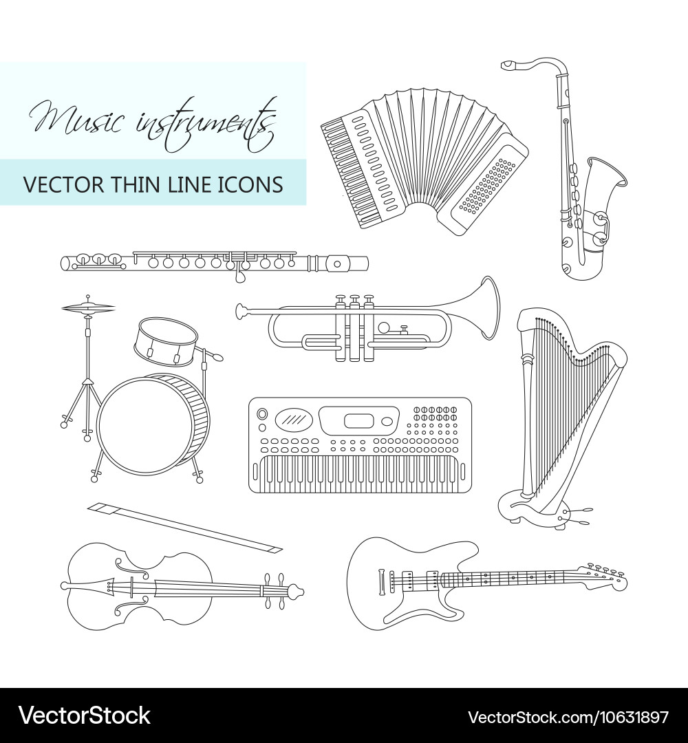Music instruments thin line icon set for web vector image
