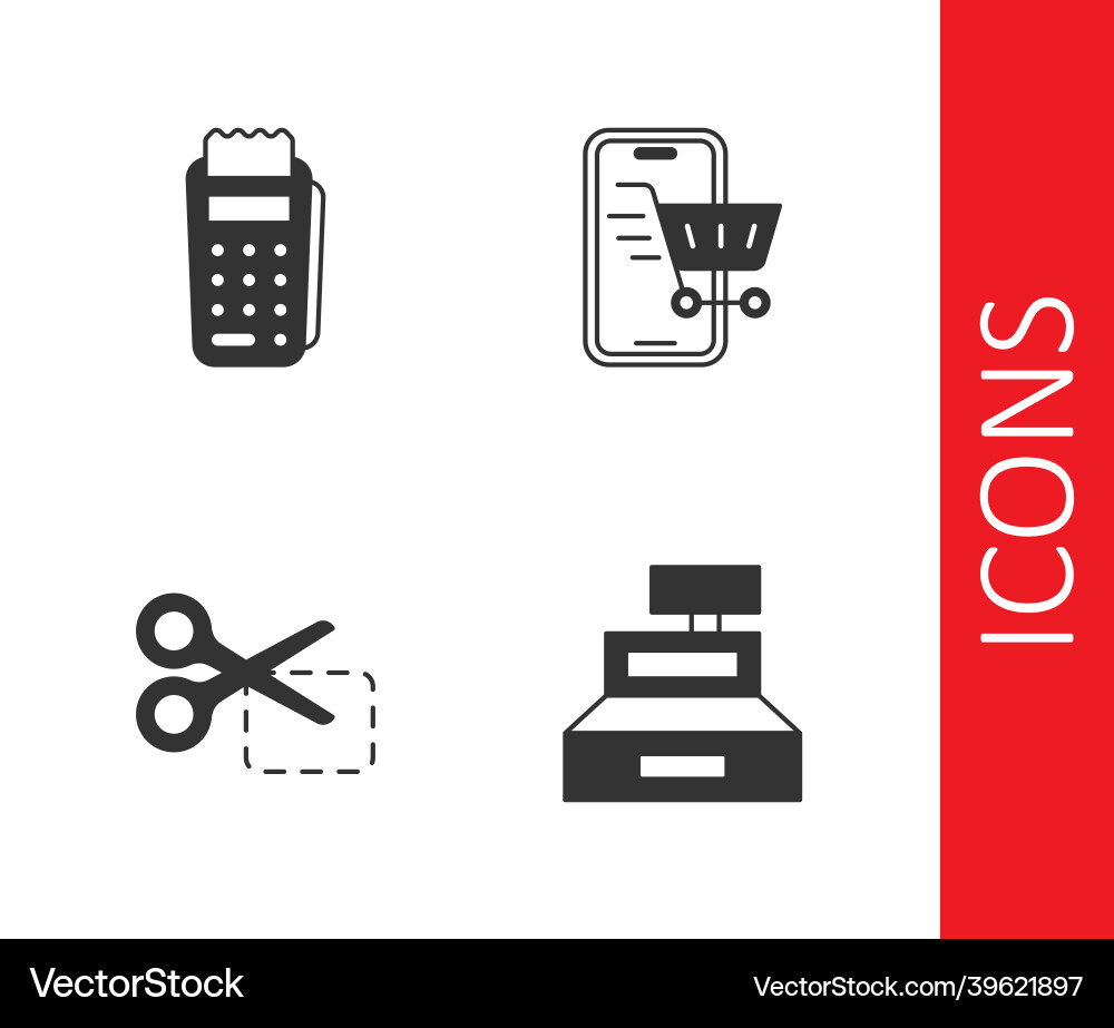 Set cash register machine pos terminal scissors Set cash register machine pos terminal scissors Vector Image