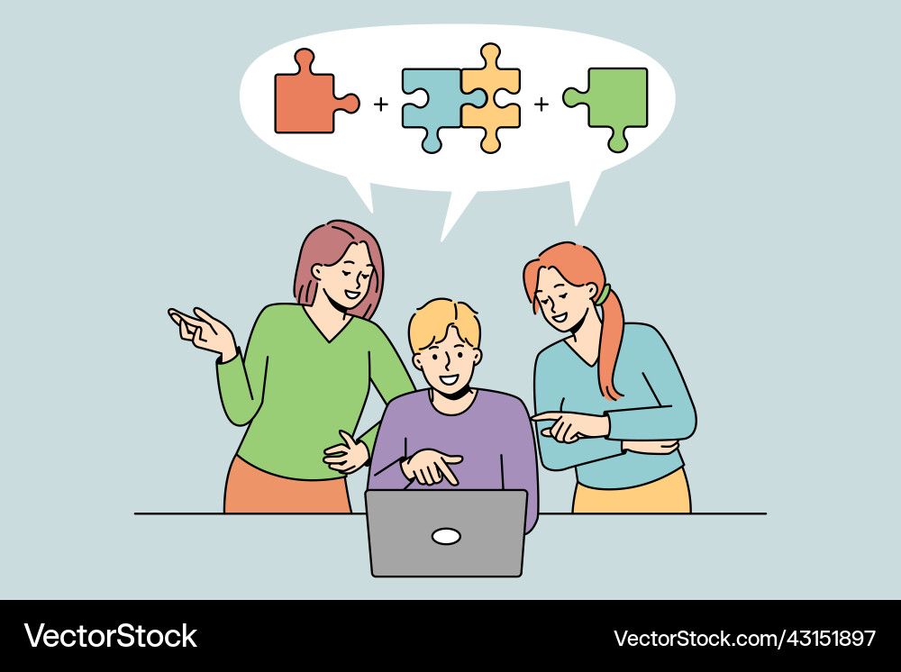 Team work on computer finding solution vector image
