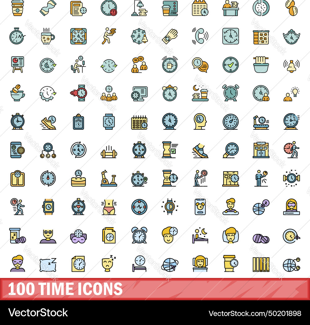 100 time icons set color line style 100 time icons set color line style Vector Image