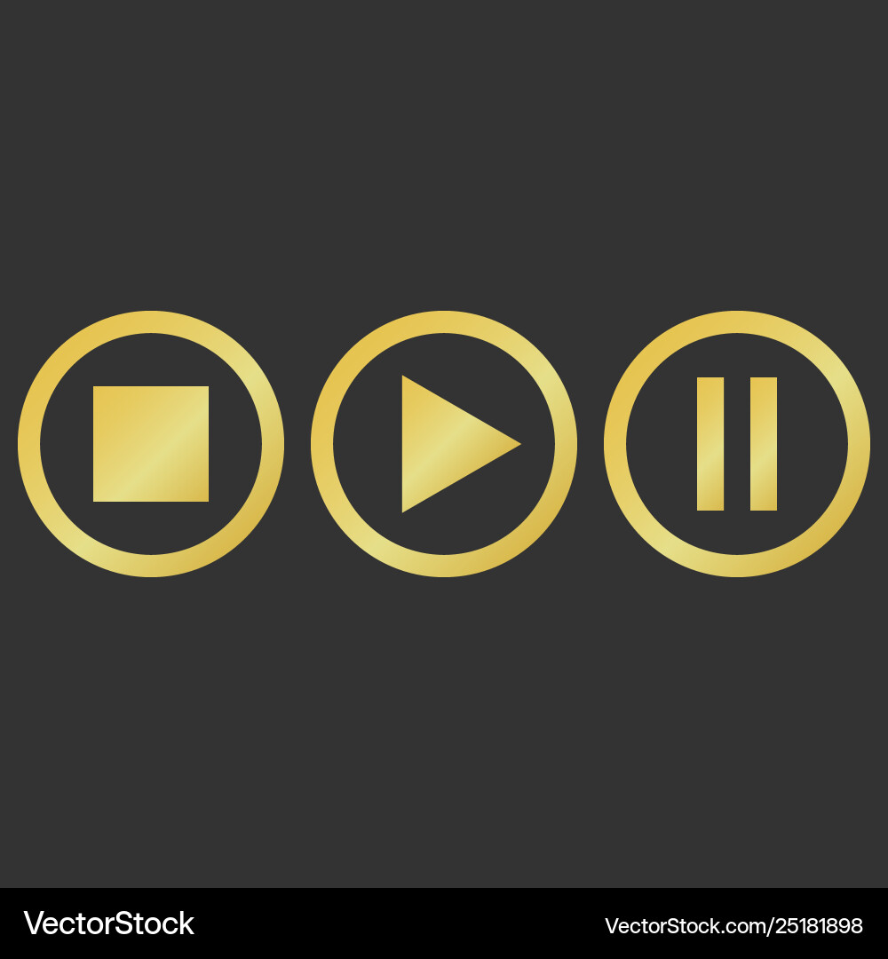 Gold three button play pause stop Gold three button play pause stop vector image