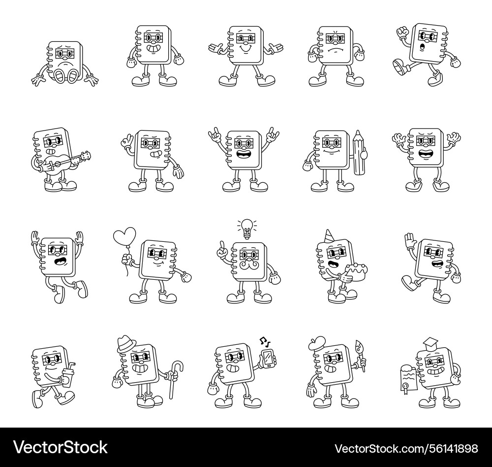 Groovy retro notebook characters in cartoon Groovy retro notebook characters in cartoon vector image