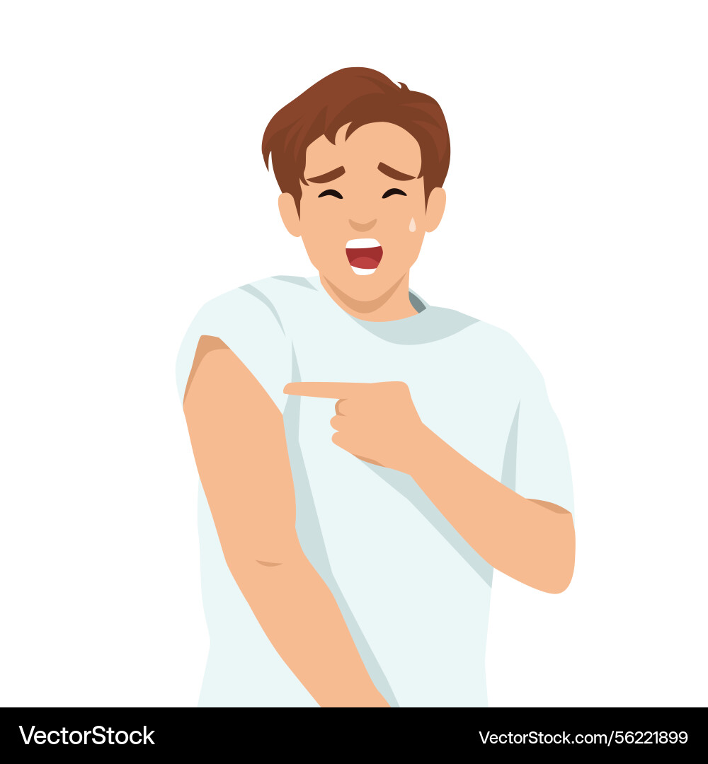 Man with a worried expression points at his upper Man with a worried expression points at his upper vector image