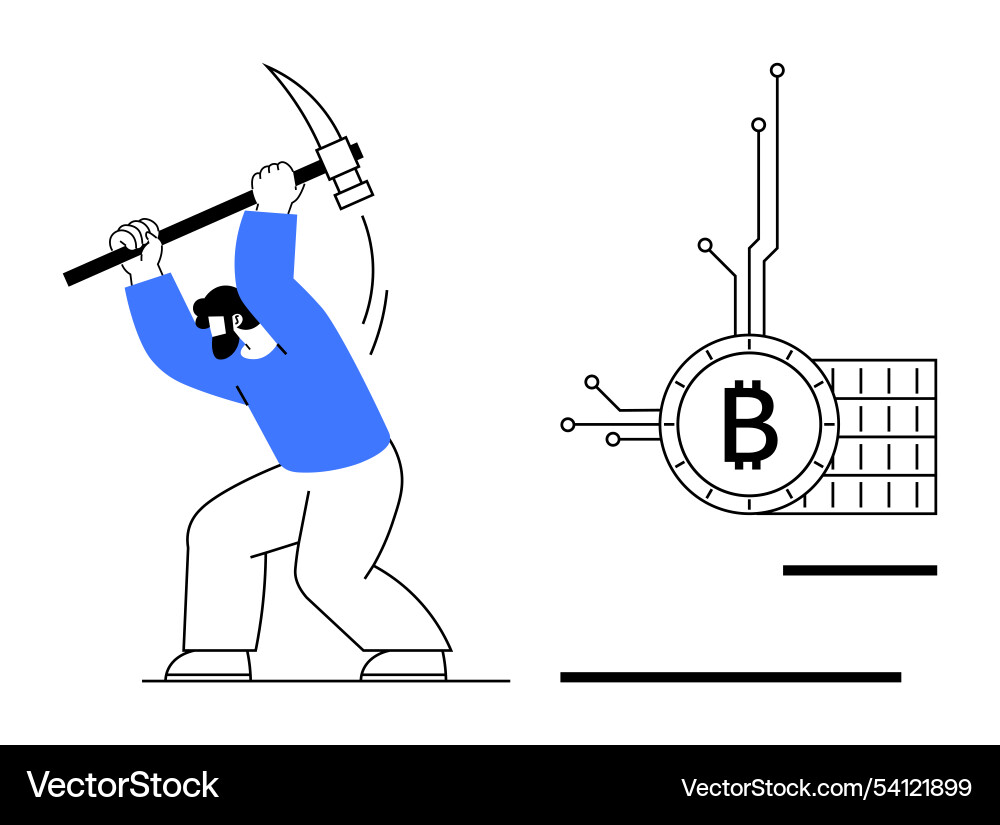 Miner with a pickaxe hitting bitcoin blockchain Miner with a pickaxe hitting bitcoin blockchain vector image
