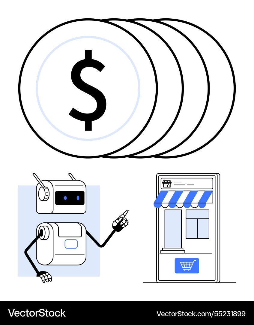 Robot pointing at online store with coins Robot pointing at online store with coins vector image