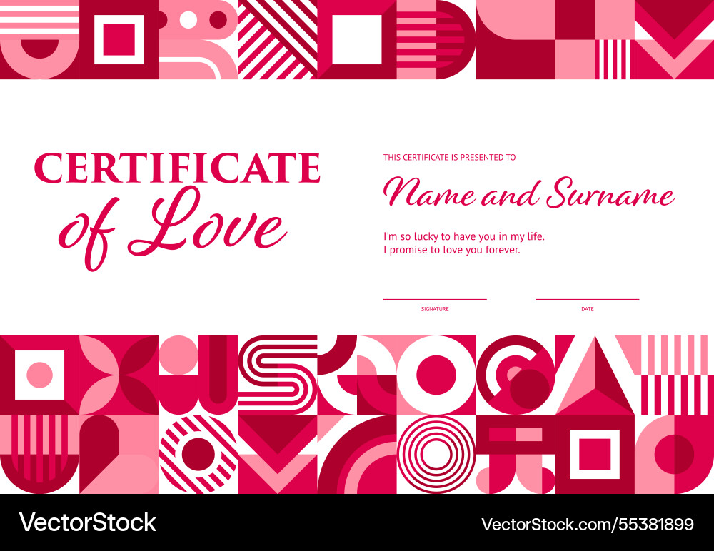 Valentines day certificate with shape pattern Vector Image