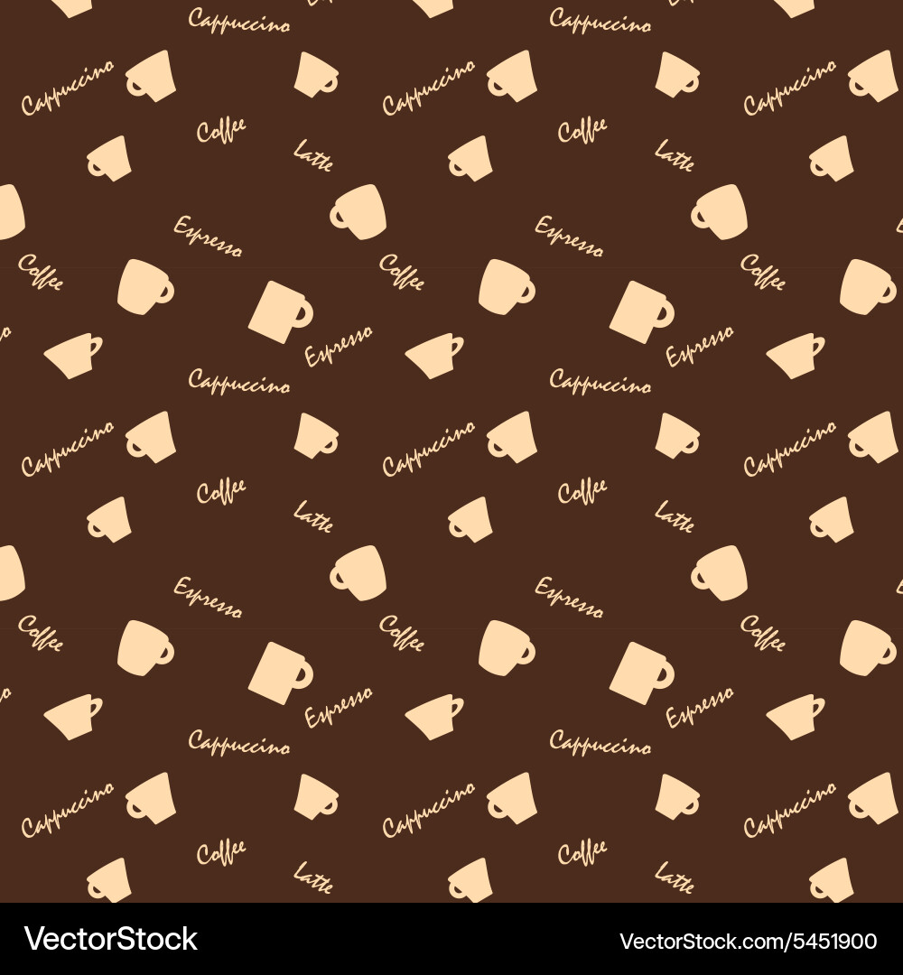 Coffee xups and names seamless background pattern Vector Image