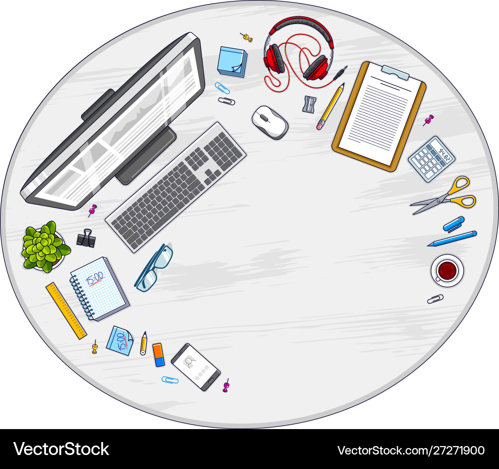 Work desk workspace top view with pc computer Work desk workspace top view with pc computer vector image