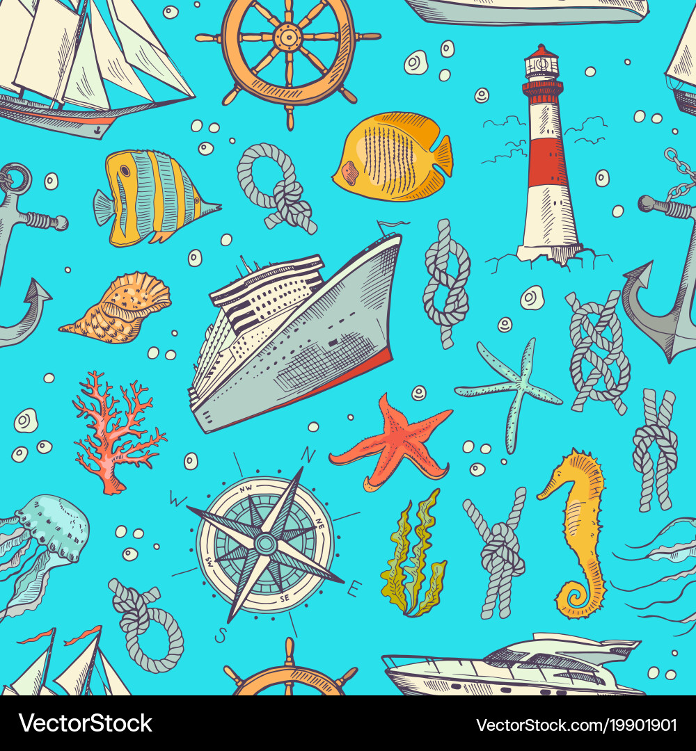 Colored sketched sea elements pattern vector image