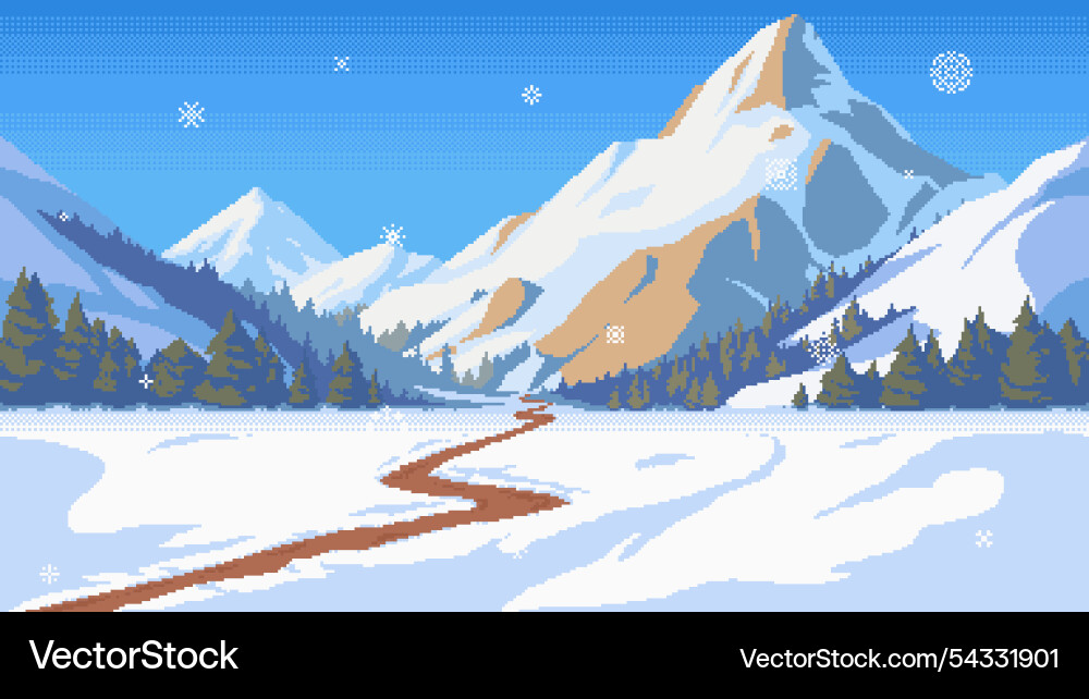 Winter pixel art sunlit mountain ranges covered Vector Image