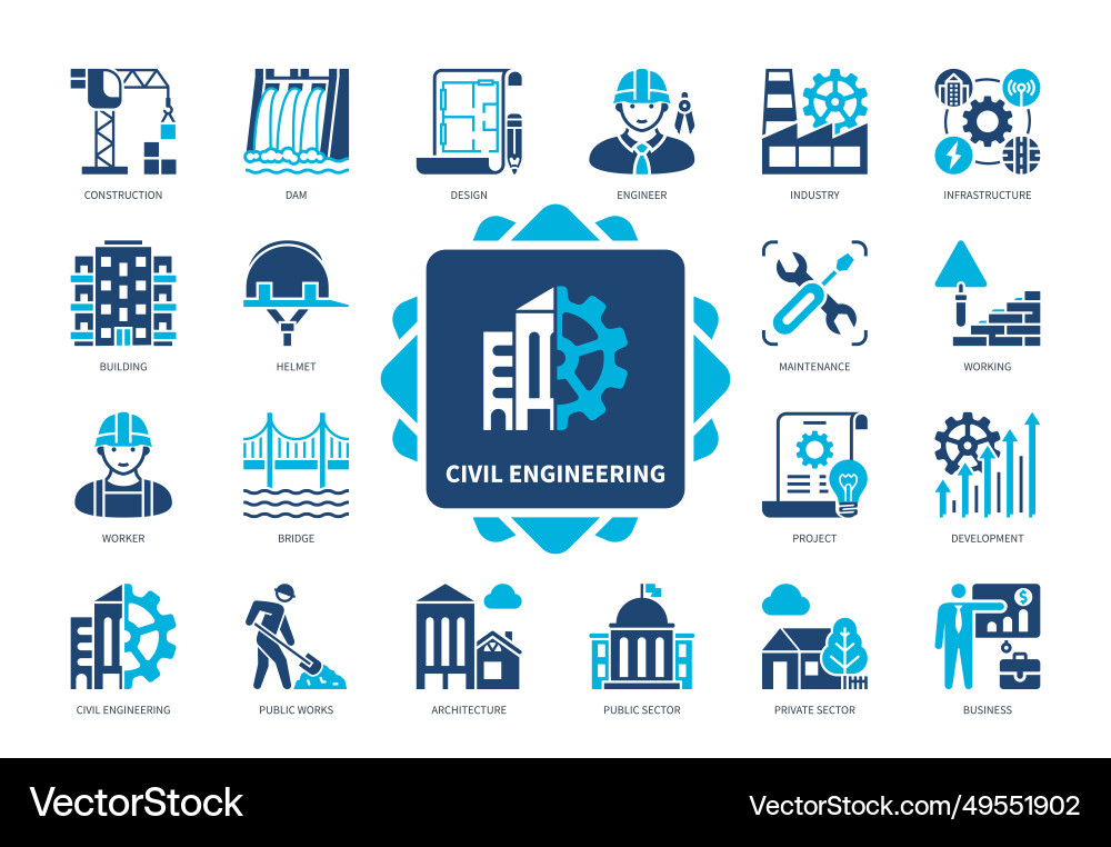 Civil engineering solid icon set vector image