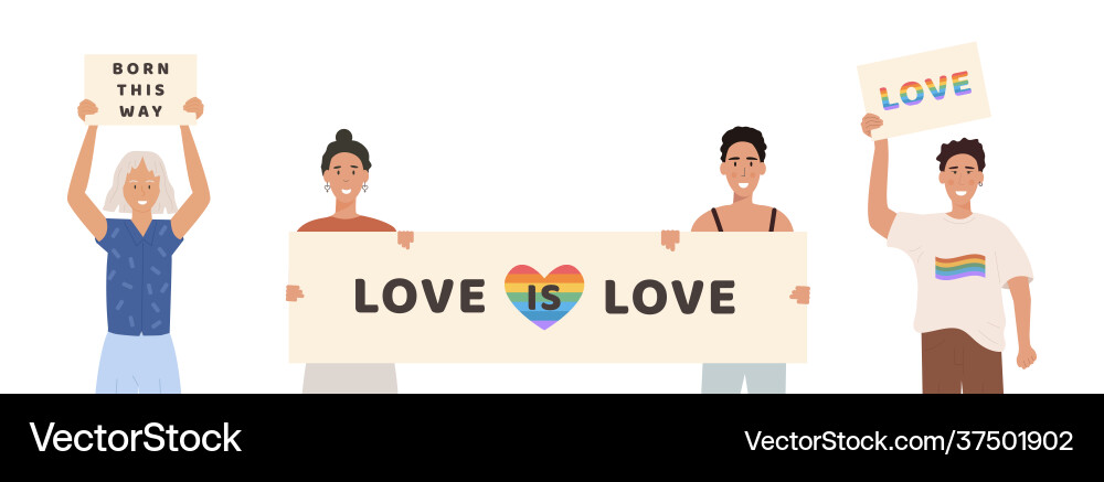 Crowd people at pride parade holding placards Crowd people at pride parade holding placards vector image