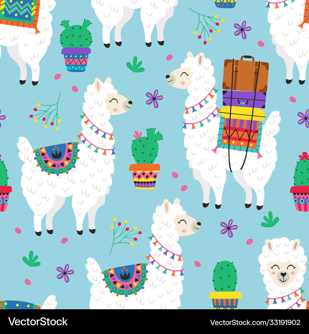 Llama & Cactus Seamless Pattern vector image