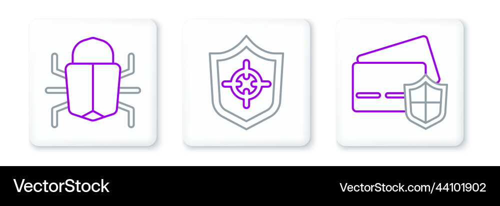 Set line credit card with shield system bug Set line credit card with shield system bug vector image