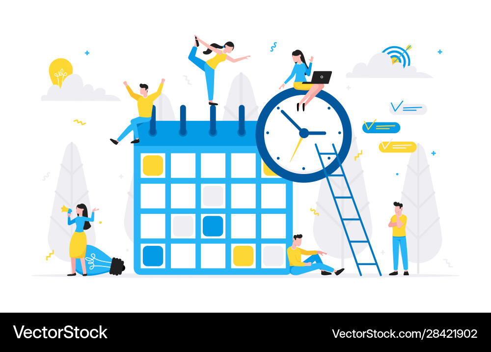 Tiny people characters working together with clock Tiny people characters working together with clock vector image