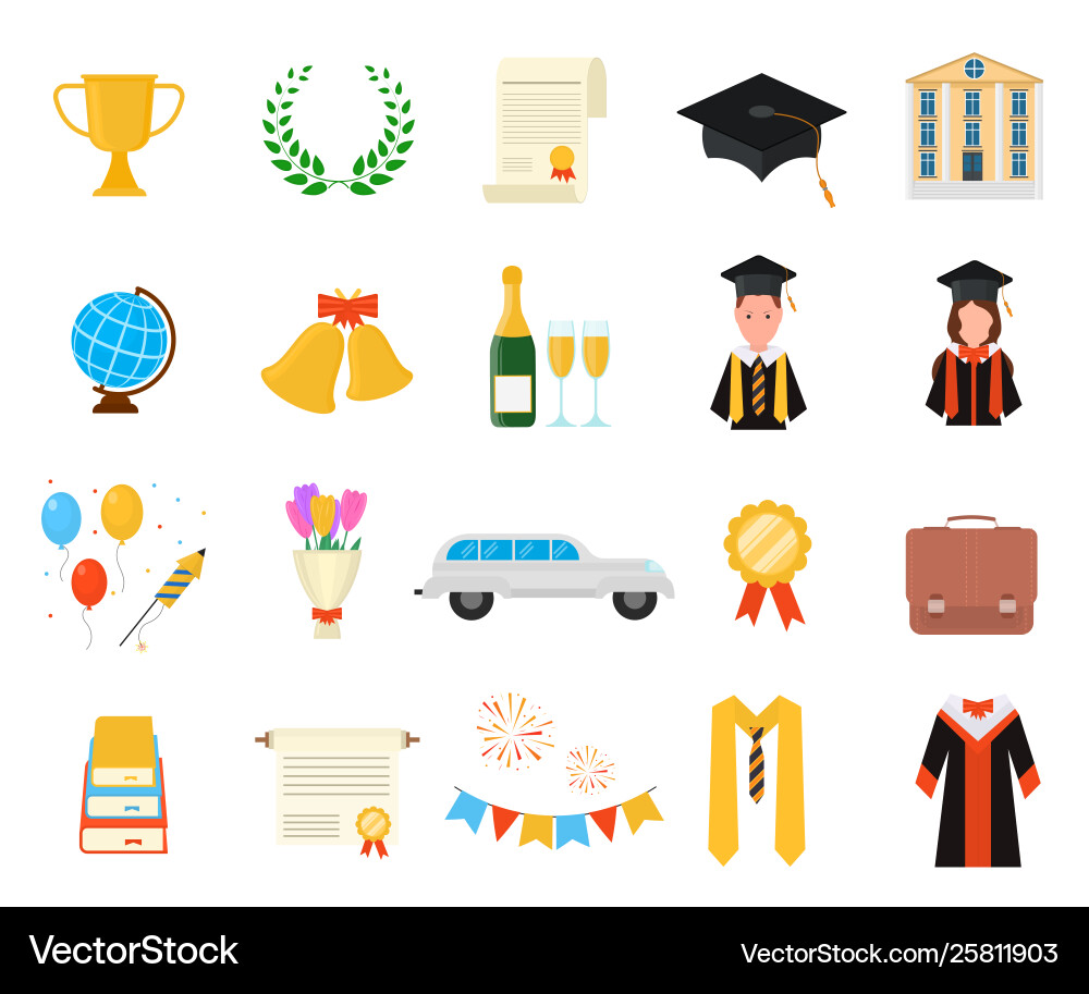 Cartoon color graduation day signs icon set Cartoon color graduation day signs icon set vector image