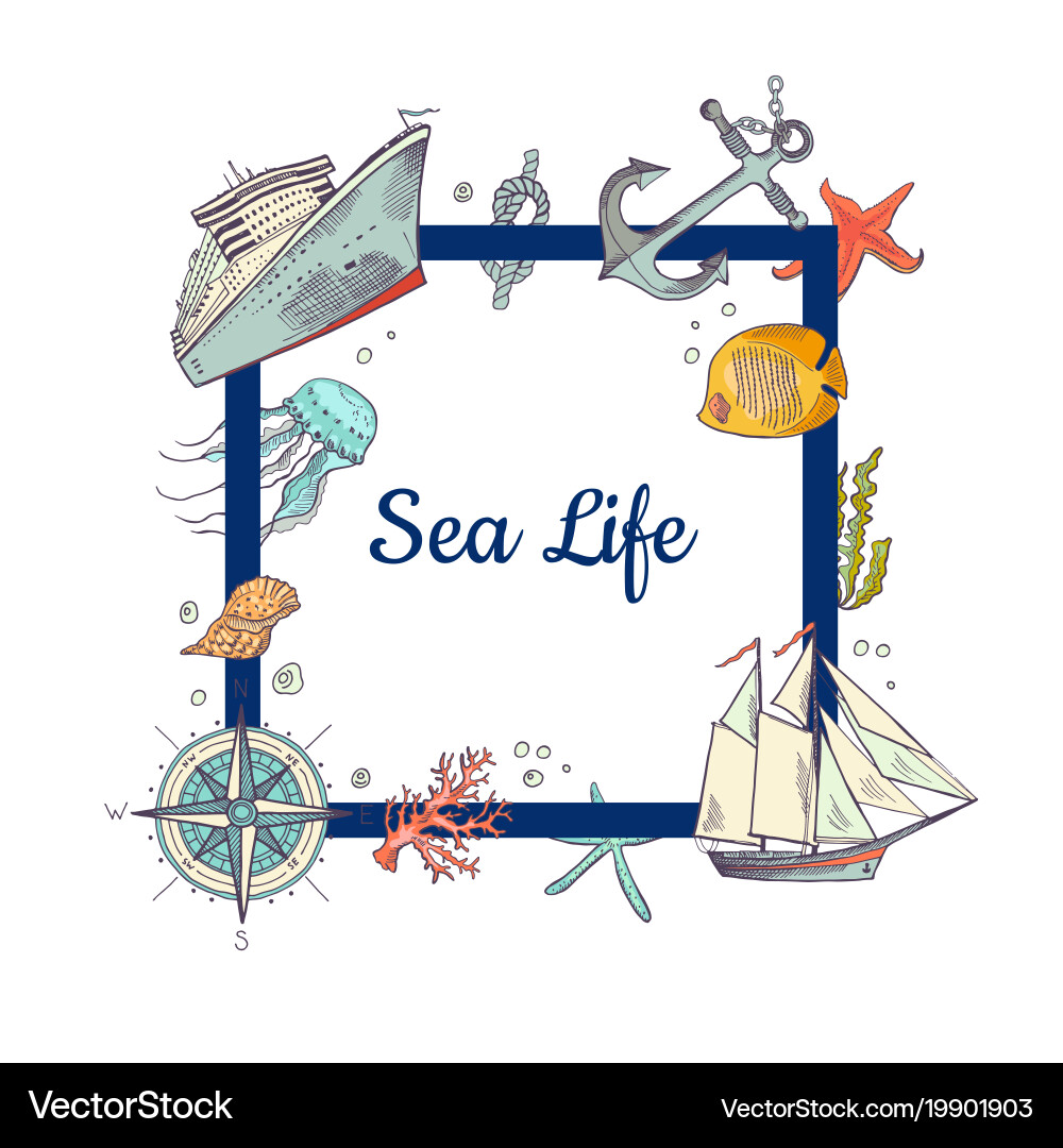 Frame with place for text and sketched sea vector image
