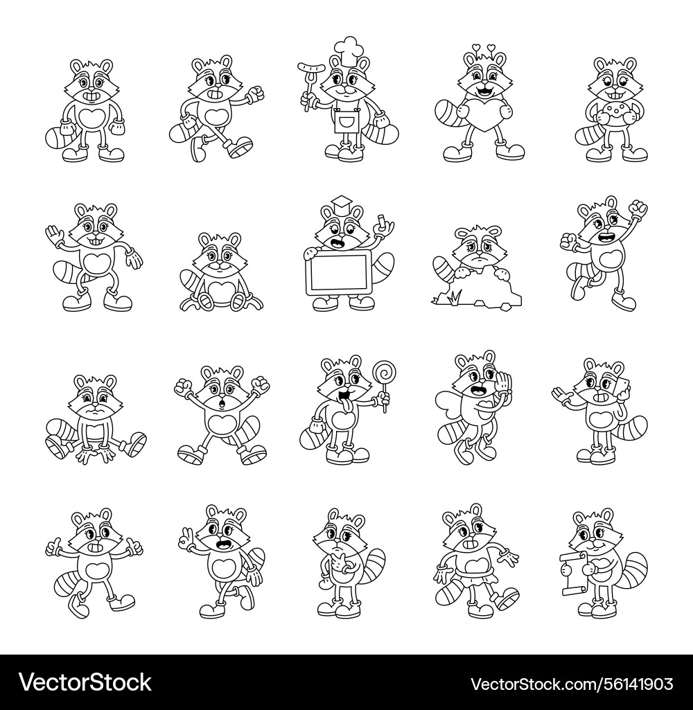 Groovy retro raccoon characters Royalty Free Vector Image