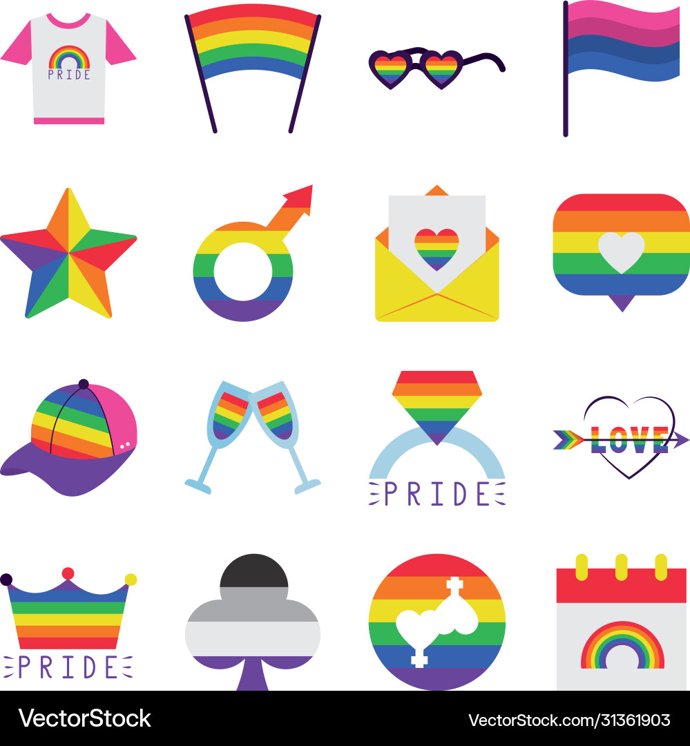 Lgbt pride flags and elements icon set flat style vector image