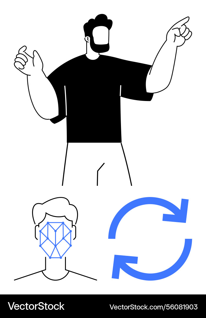 Man pointing with face recognition and refresh vector image